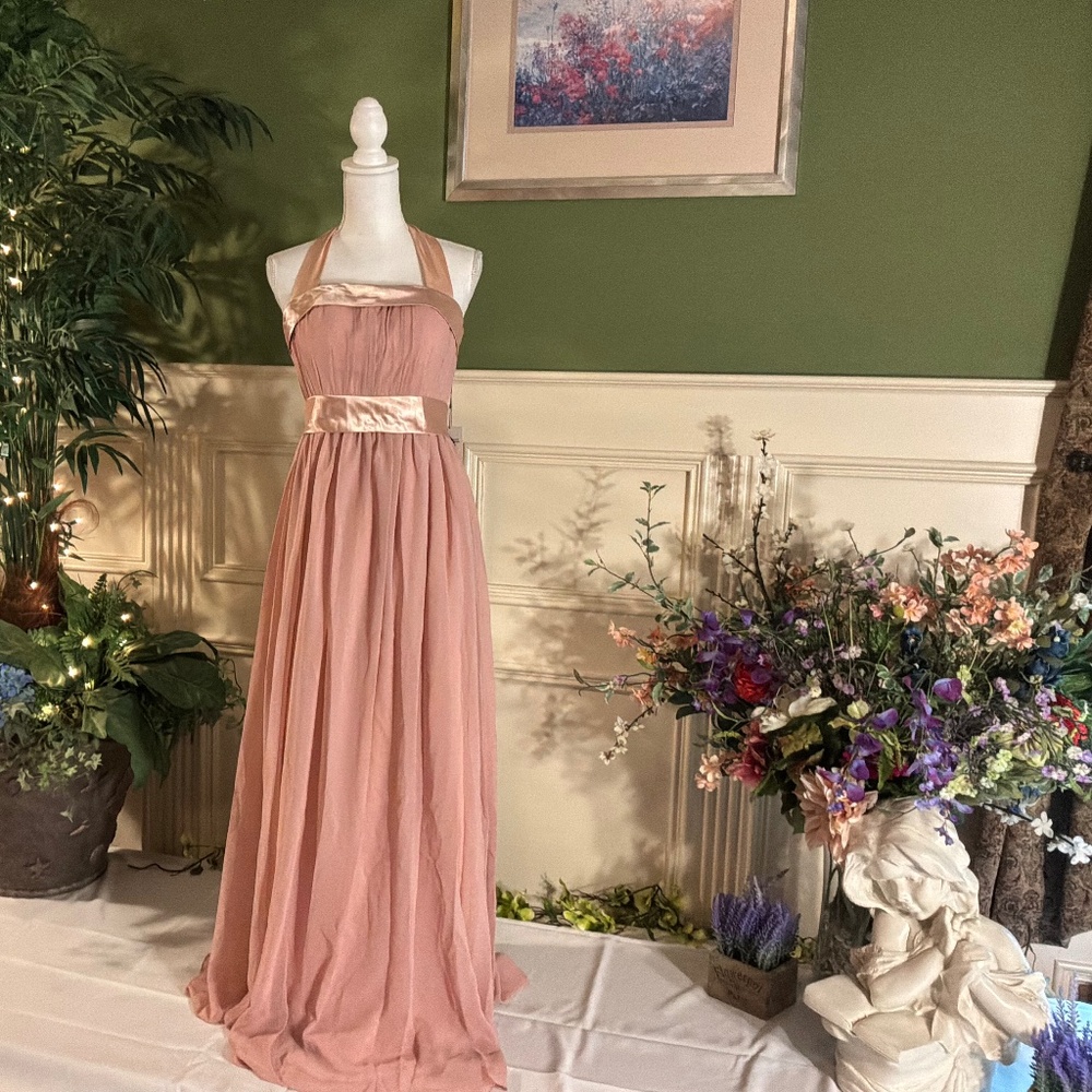 Long blush pink chiffon bridesmaid dress with halter neck